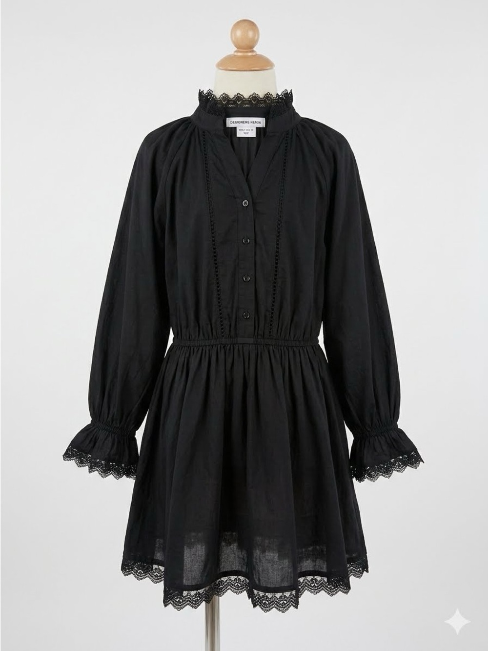 Girls' Black Long-Sleeve Lace-Trim Smocked Waist Dress Size12 100%Organic cotton - Picture 2 of 16